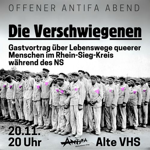 Offener Antifa Abend: Gastvortrag »Die Verschwiegenen – Lebenswege queerer Menschen im Rhein-Sieg-Kreis während des NS«