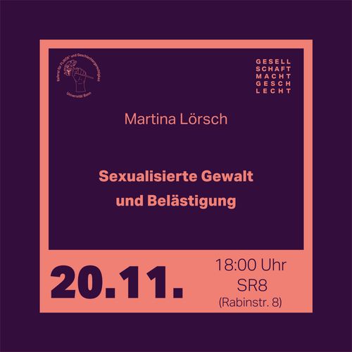 20.11.2024 // 18:00h // Seminarraum 8 Rabinstraße 8 Vortrag: Sexualisierte Gewalt und Belästigung mit Martina Lörsch, organisiert vom FLINTA* und Geschlechtergerechtigkeitsreferat  Warum und mit welchem Ziel wird sexualisierte Gewalt ausgeübt? Ab wann gilt als eine Handlung als strafbar? Welche Täterstrategien gibt es und wie lässt sich Machtmissbrauch in diesem Kontext verstehen? Wie können Betroffene unterstützt werden? Welche rechtlichen Mittel und welche Handlungsmöglichkeiten stehen zur Verfügung? Welche Chancen und Herausforderungen gibt es im Strafverfahren? Rechtsanwältin Martina Lörsch wird in ihrem Vortrag die vielschichtigen Hintergründe sexualisierter Gewalt, Belästigung und Stalking beleuchten und dabei zentrale Fragen zu rechtlichen Aspekten, Täterstrategien sowie Handlungsmöglichkeiten für Betroffene beantworten.