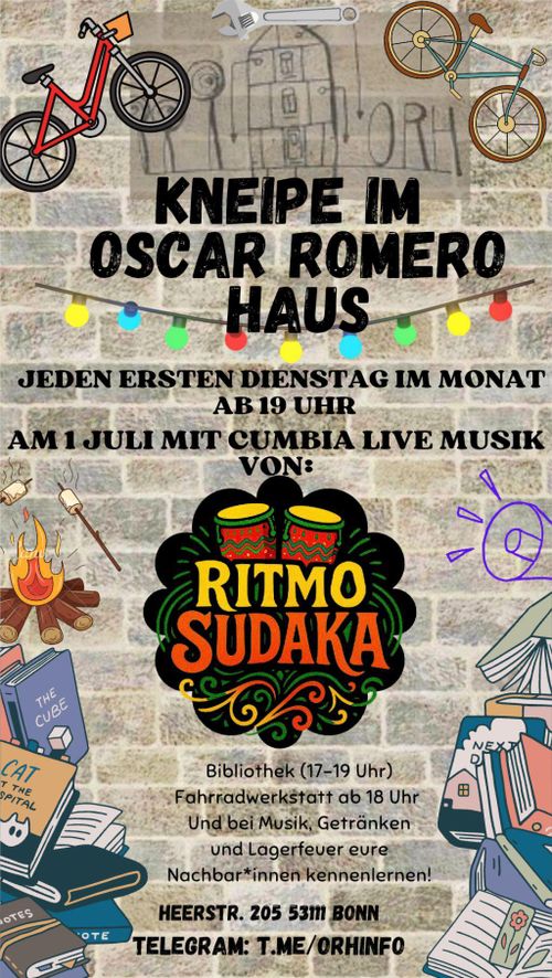 Regelmäßige Kneipe in Oscar Romero Haus mit cumbia Konzert und Soli Cocktails!