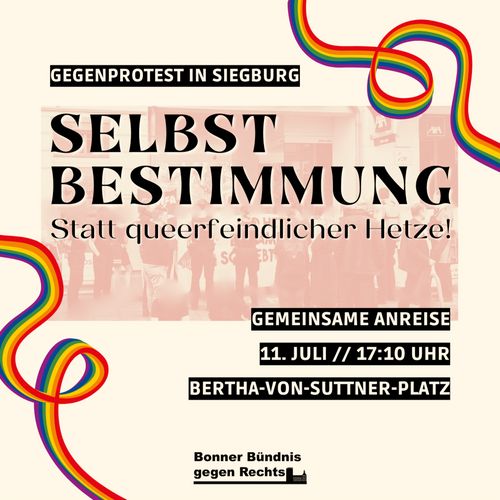 »Selbstbestimmung, statt queerfeindlicher Hetze!« – Gemeinsame Anreise nach Siegburg zum Protest gegen die AfD